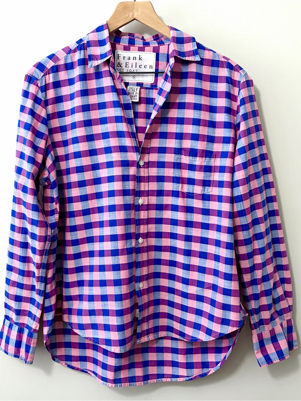Frank & Eileen The Eileen Relaxed Button Up Shirt Italian Cotton Pink Blue Plaid - Picture 2 of 13